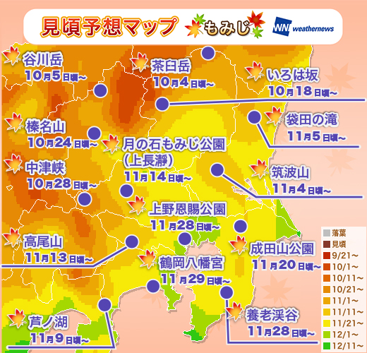 2015年の紅葉見ごろ情報、関東、関東の山沿いは平年並